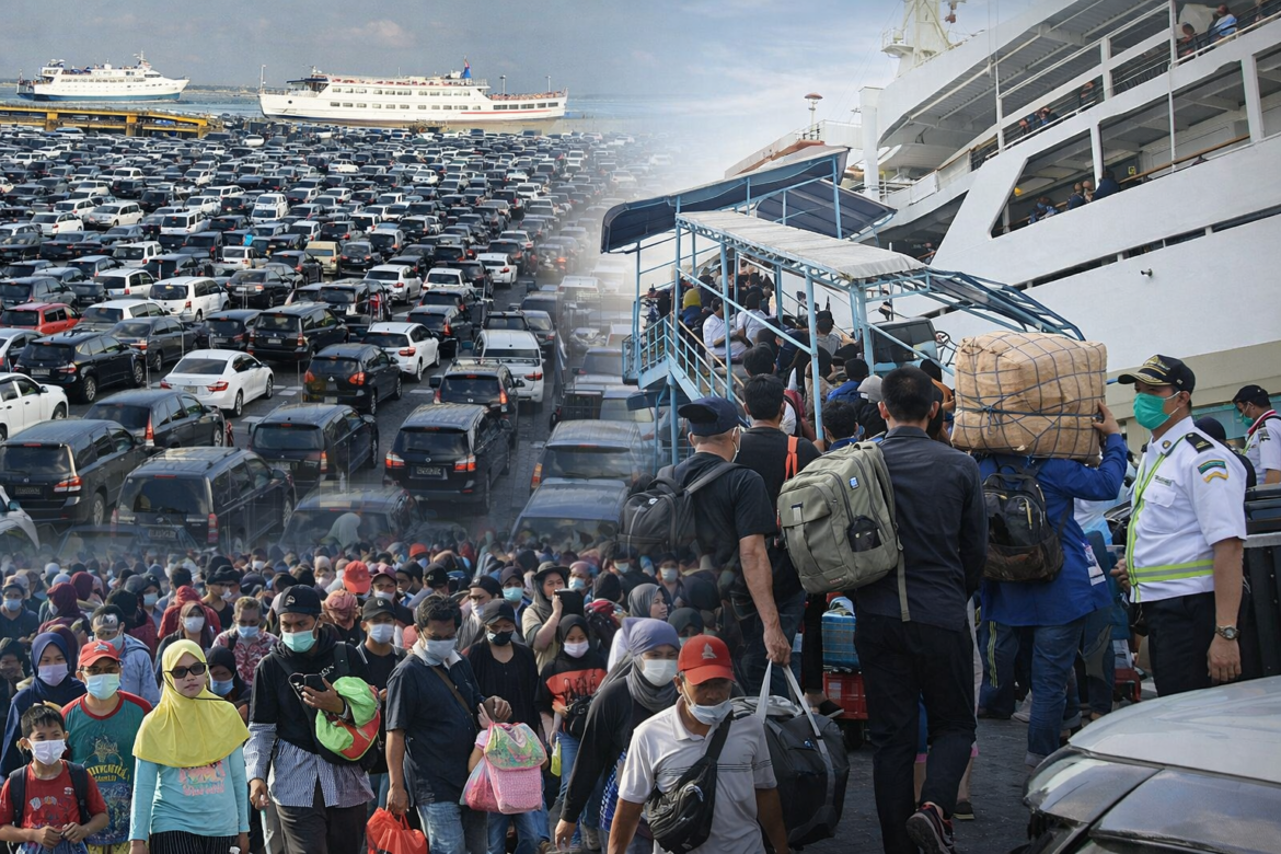 “aktivitas mudik Lebaran 2026 di Indonesia dengan kepadatan penumpang dan kendaraan”